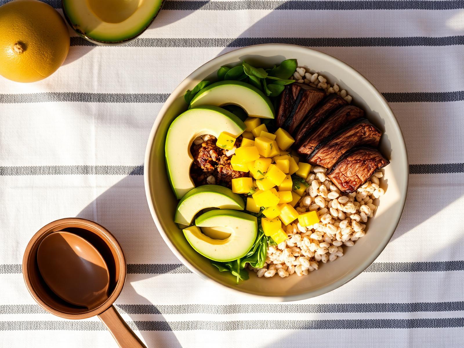 Grass-fed steak bowl with avocado, greens and mango salsa