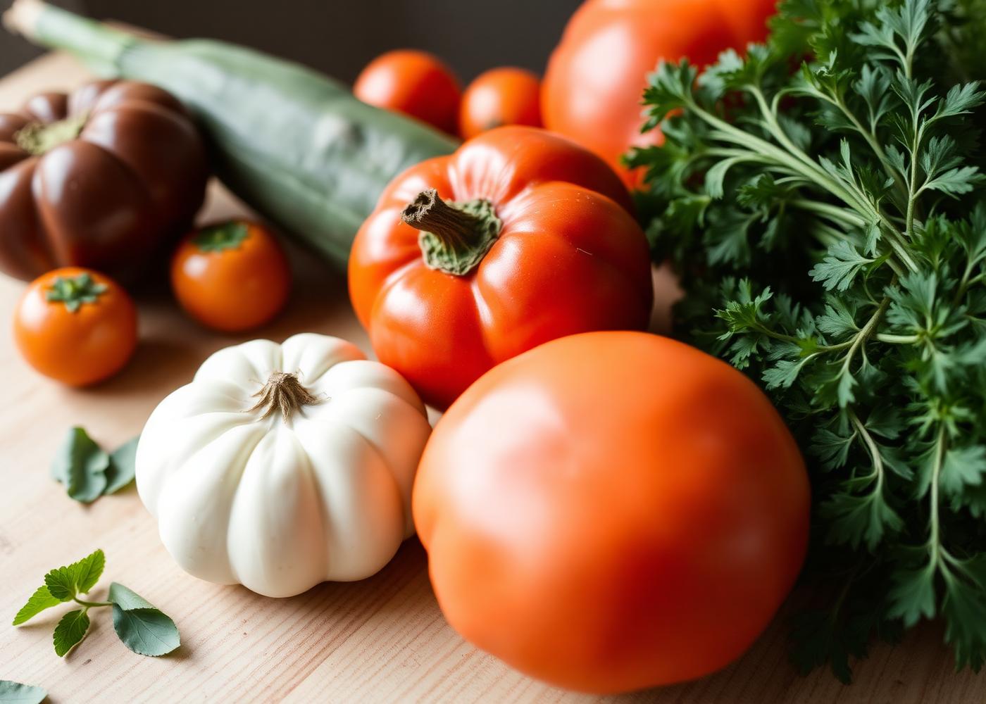 Fresh seasonal vegetables and herbs on a wooden table