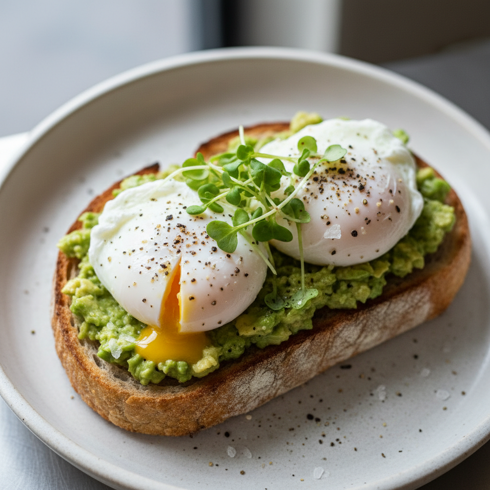 Avocado Toast + Poached Eggs
 avokado, 2 poširana jaja