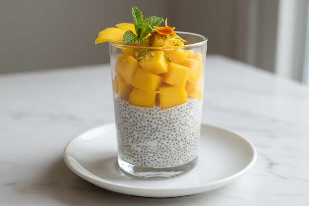 Chia Pudding
 chia, bademovo mlijeko, mango