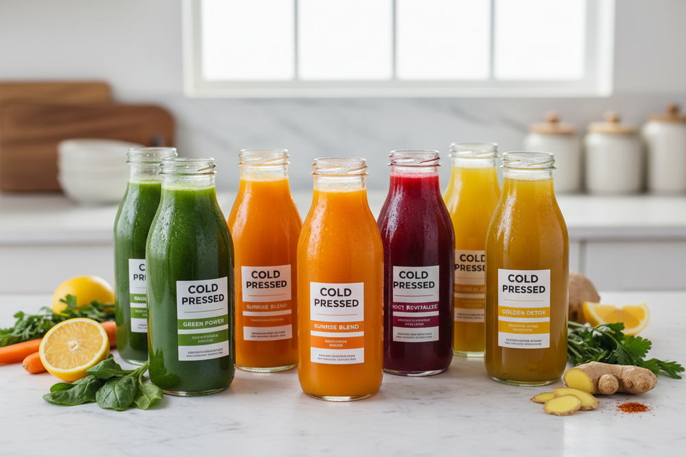 colled pressed juices in  bottle glass