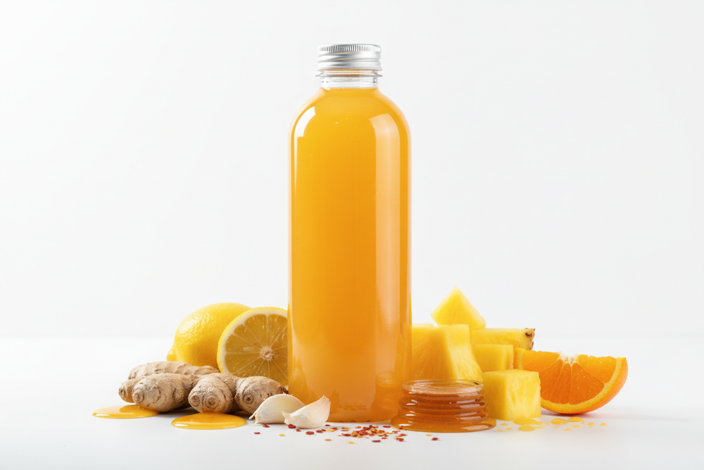 create a juice in a plastic bottle IMMUNE BOOSTER (ginger, lemon, pineapple, orange juice, garlic, honey, cayenne pepper)