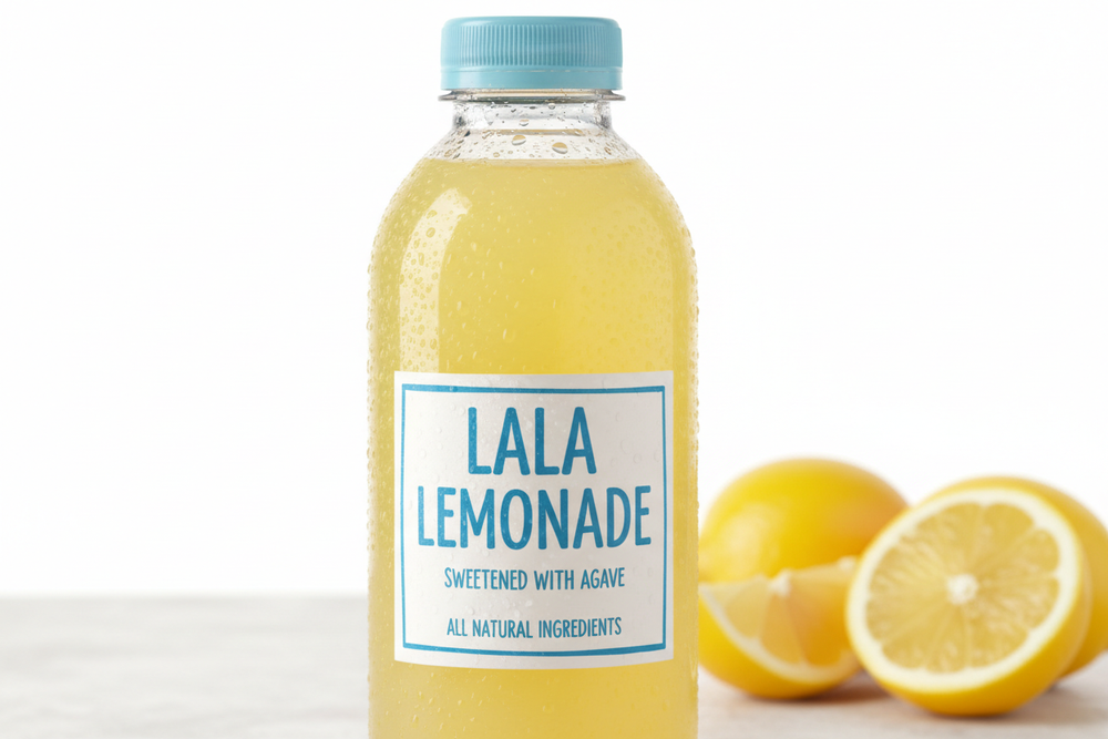 create a juice in a plastic bottle LALA LEMONADE (lemon sweetened with agave)