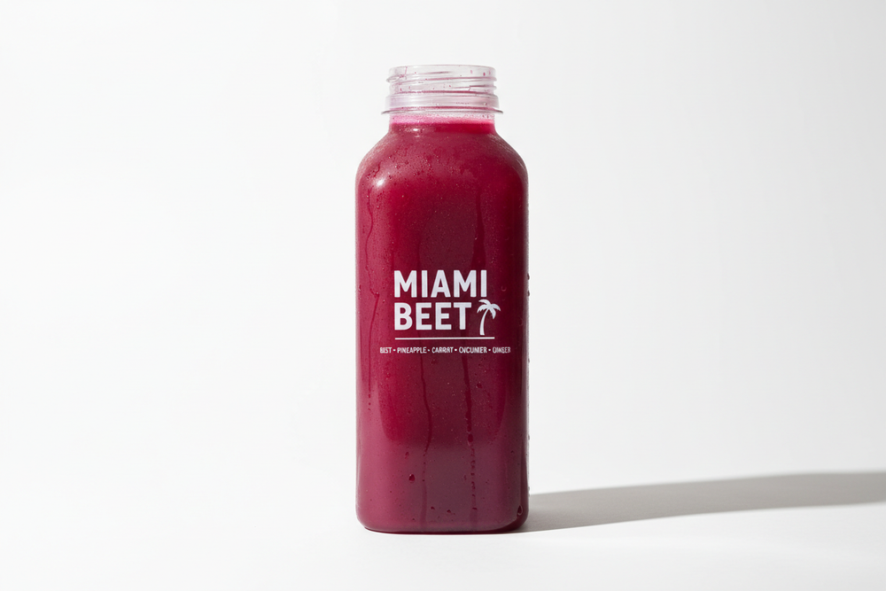 create a juice in a plastic bottle MIAMI BEET(beet, pineapple, carrot, cucumber, ginger)