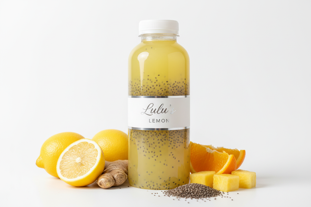 create a juice in plastic bottle LULU’S LEMON(lemon, ginger, orange, pineapple, organic chia seeds)