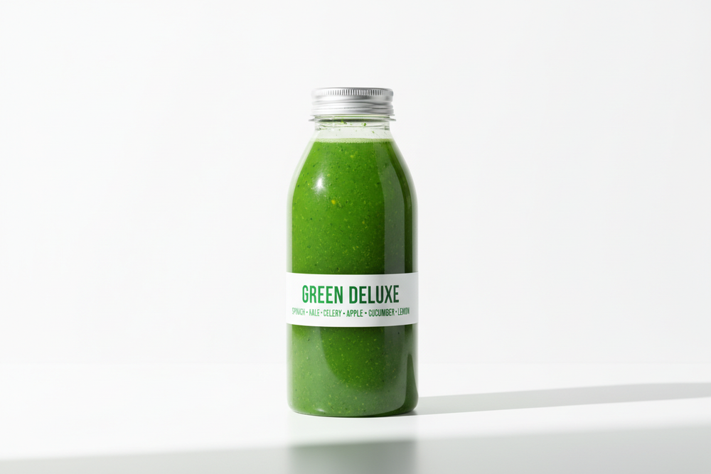 create a juice in the platic bottle GREEN DELUXE(spinach, kale, celery, apple, cucumber, lemon)