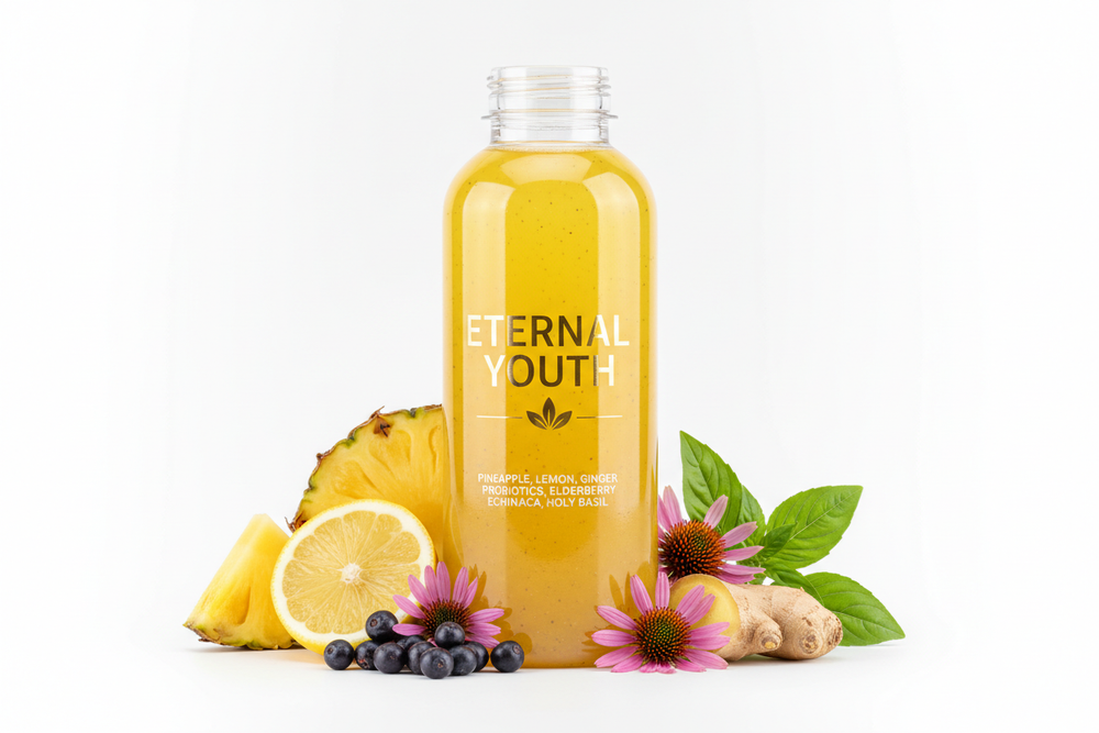 create wellness shot in plastic bottle ETERNAL YOUTHpineapple, lemon, ginger, probiotics, elderberry, echinacea, holy basil