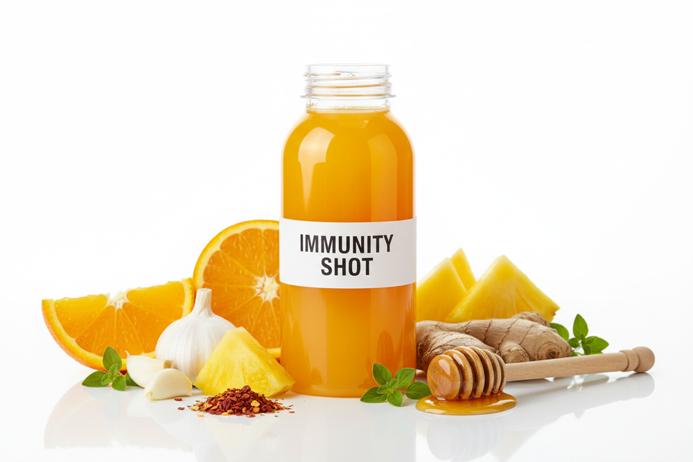 create wellness shot in plastic bottle IMMUNITY SHOTorange, pineapple, ginger, garlic, honey, cayenne, oregano