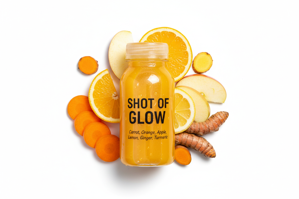 create wellness shot in plastic bottle SHOT OF GLOWcarrot, orange, apple, lemon, ginger, turmeric