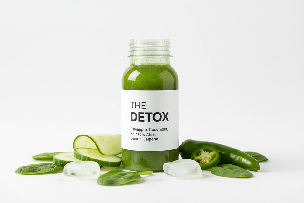 create wellness shot in plastic bottle THE DETOXpineapple, cucumber, spinach, aloe, lemon, jalapeno