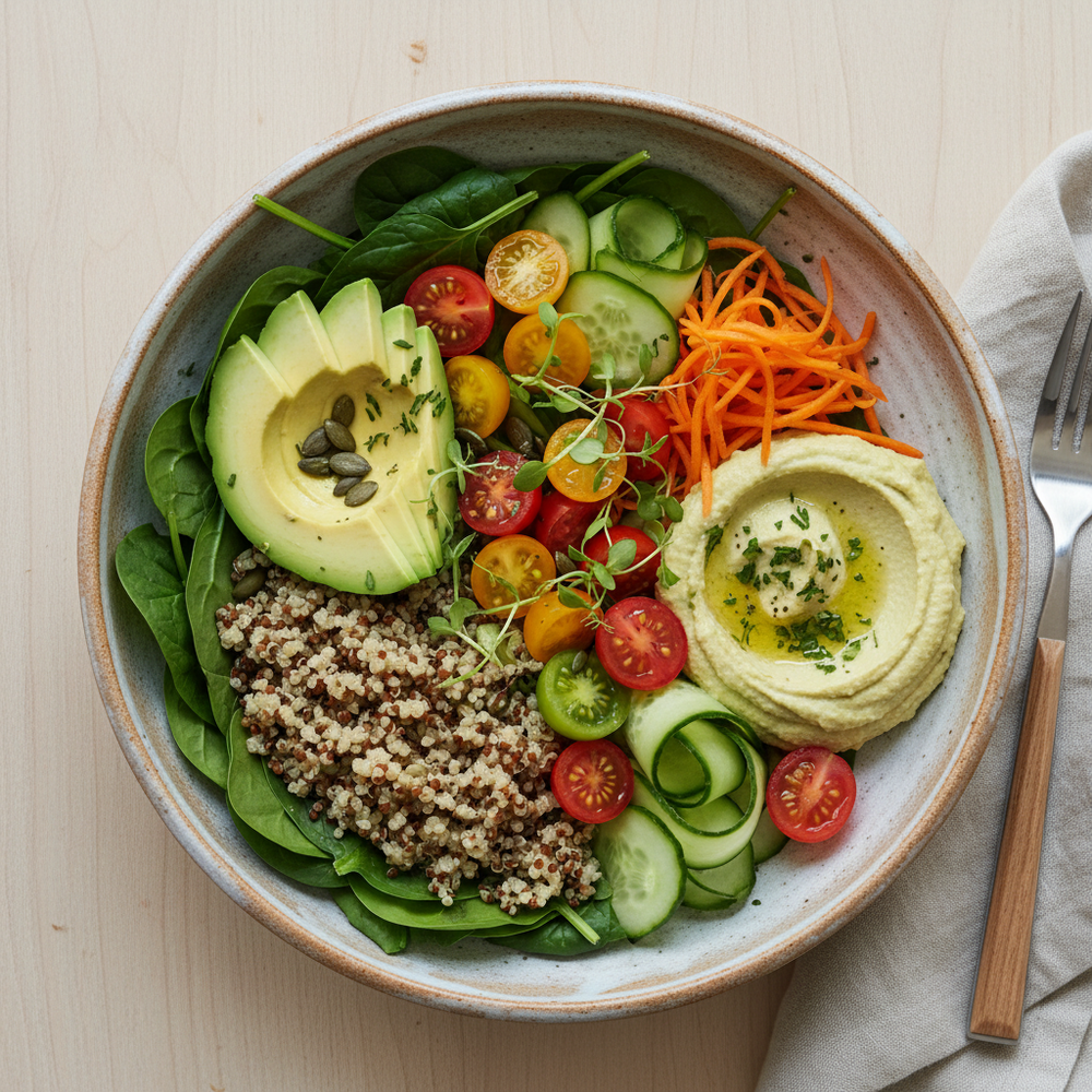 GREEN GODDESS BOWL (VEGAN)avocado, hummus, quinoa, spinach, vegetables
