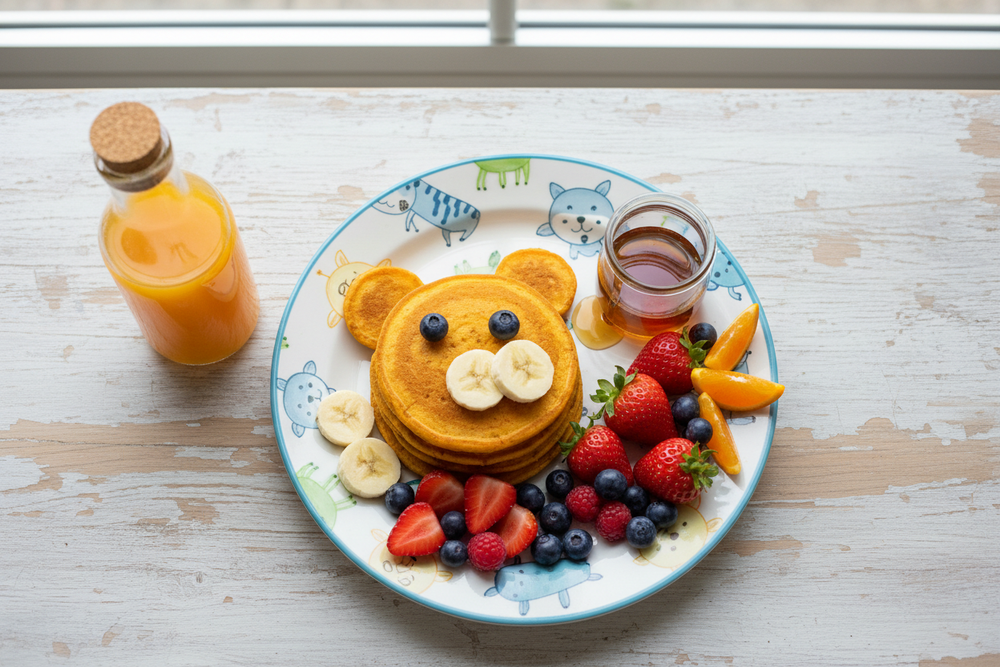 its for kids SWEET PETITE PANCAKES(made with gluten-free flour, almond mylk, pasture-raised eggs, sweet potato, maple syrup, banana, vanilla, cinnamon, a side of maple syrup and fresh seasonal fruit | served with a cold press juice of your choice (8oz))
