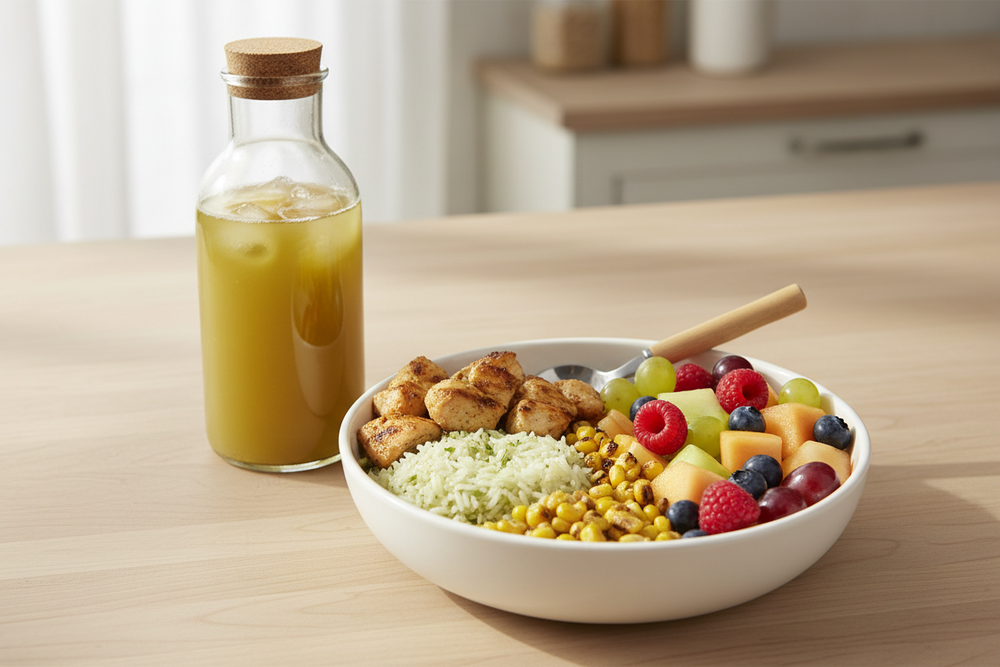 KIDS PROTEIN BOWL antibiotic-free chicken, cilantro jasmine rice, roasted corn, a side of fresh seasonal fruit | served with a cold press juice of your choice (8oz)