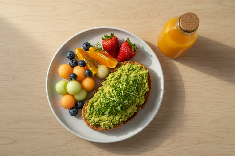 LITTLE AVO TOST(toasted gluten-free bread topped with avocado smash, a side of fresh seasonal fruit | served with a cold press juice of your choice (8oz))