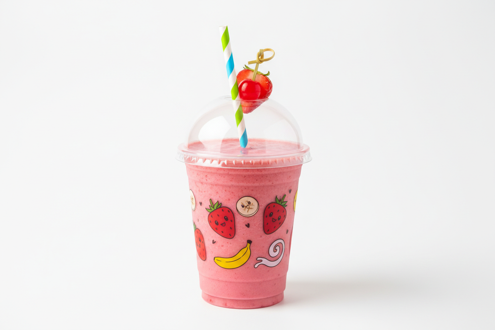 PINK PARADISE SMOOTHIEstrawberry, banana, almond mylk make it in a plastic cup and for the kids