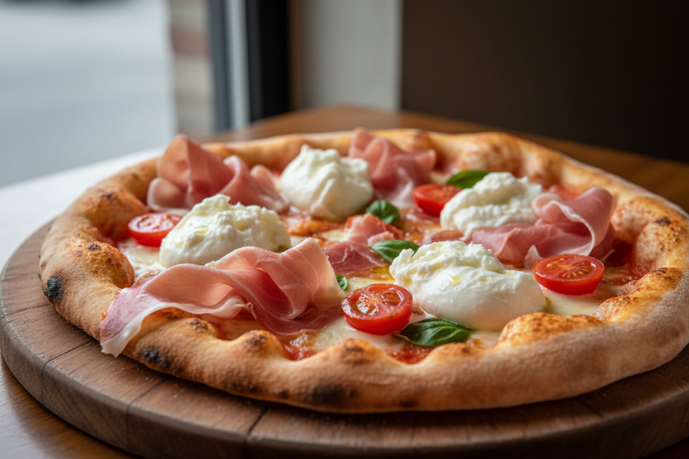 PROSCIUTTO & BURATTA prosciutto, buratta, cherry tomato pizza