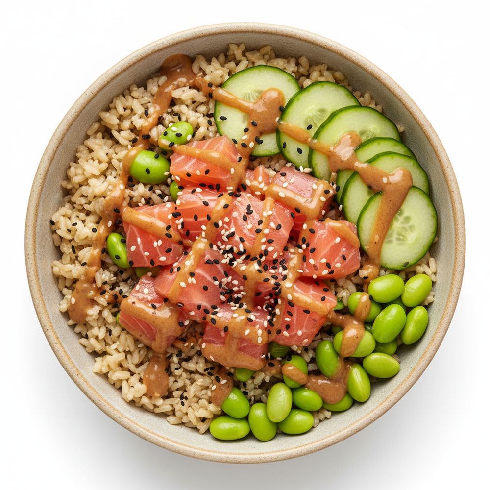 Salmon Bowl
 losos, smeđa riža, krastavac, edamame, soja-sezam