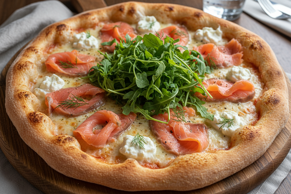 SALMON & CREAM CHEESE PIZZAsalmon, light cream cheese, arugula
