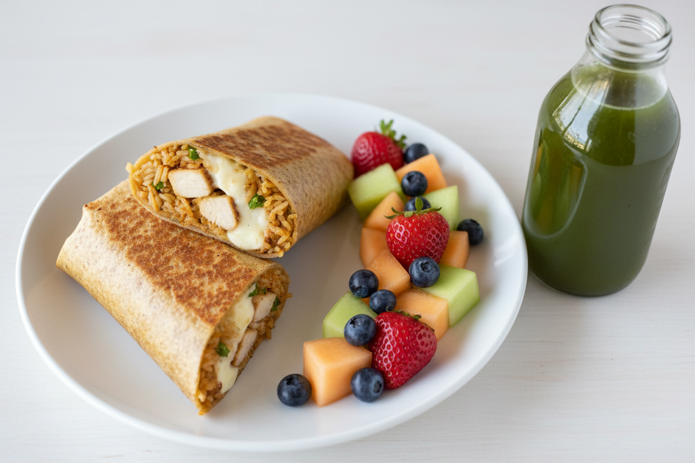 TINY TOASTED CHICKEN(toasted gluten-free wrap, antibiotic-free chicken, cilantro jasmine rice, melted mozzarella cheese, a side of fresh seasonal fruit | served with a cold press juice of your choice (8oz))