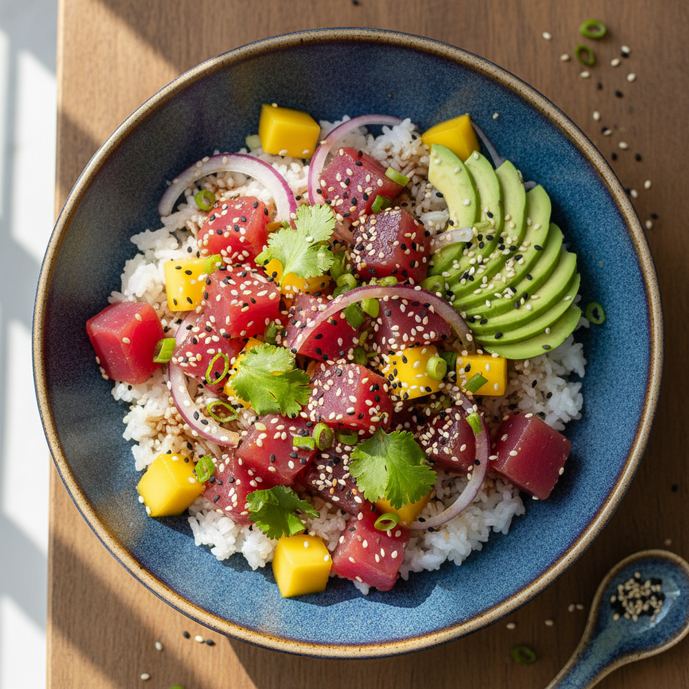 TUNA POKE BOWLfresh tuna, rice, mango, avocado